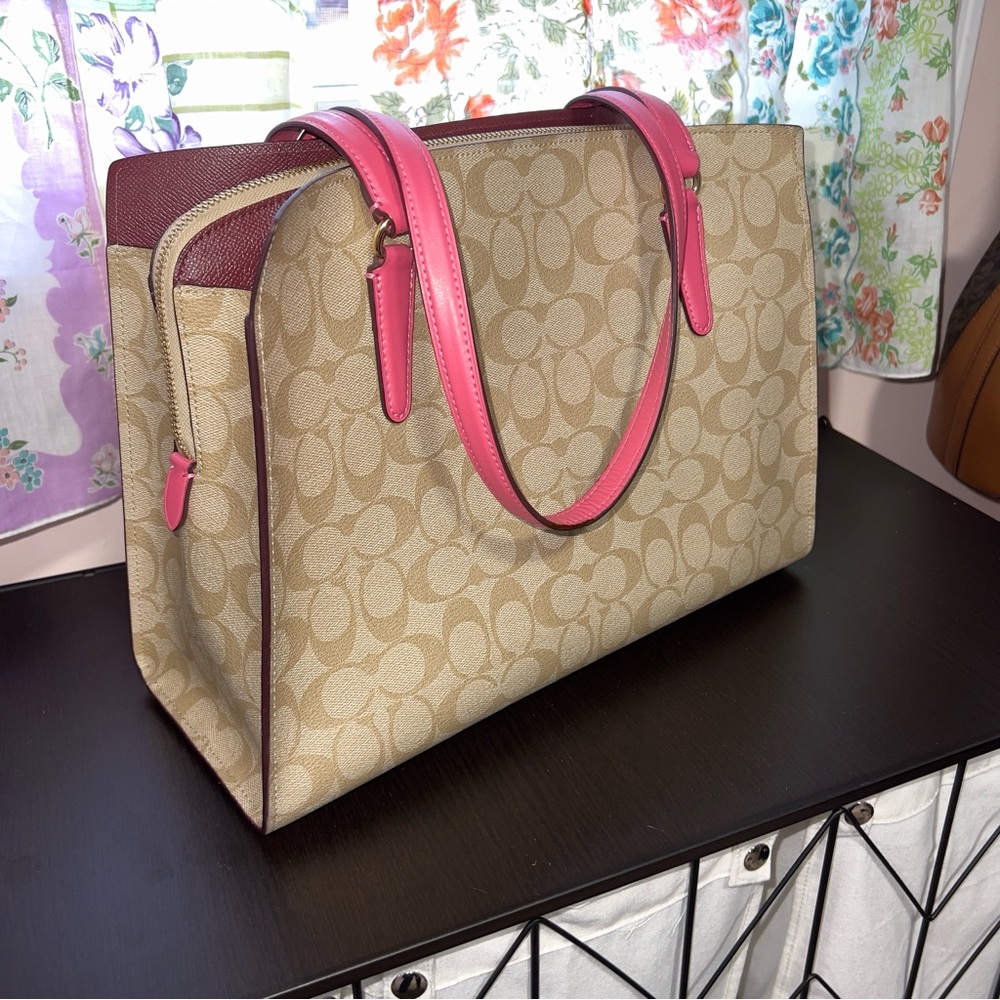 Coach Tatum Signature Cream and Pink Monogram Tote Bag